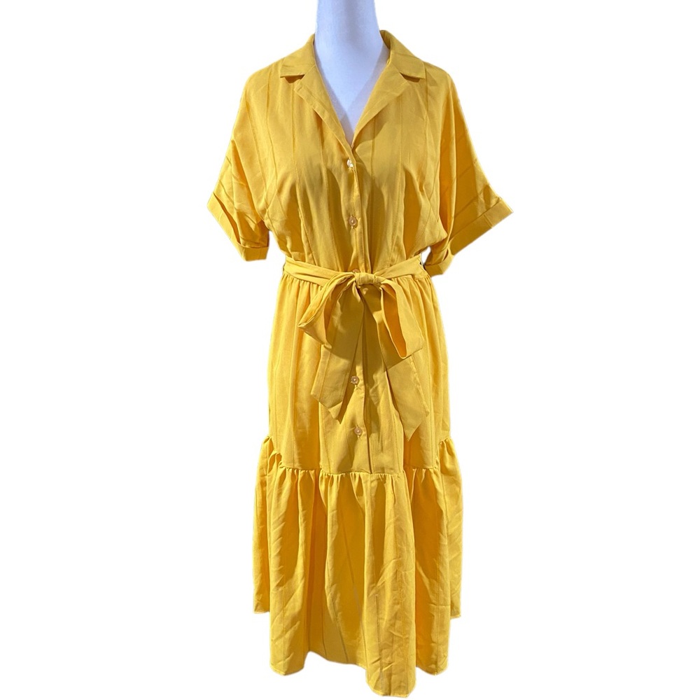 Tahari ASL Yellow Belted Ruffle Dress With Pockets